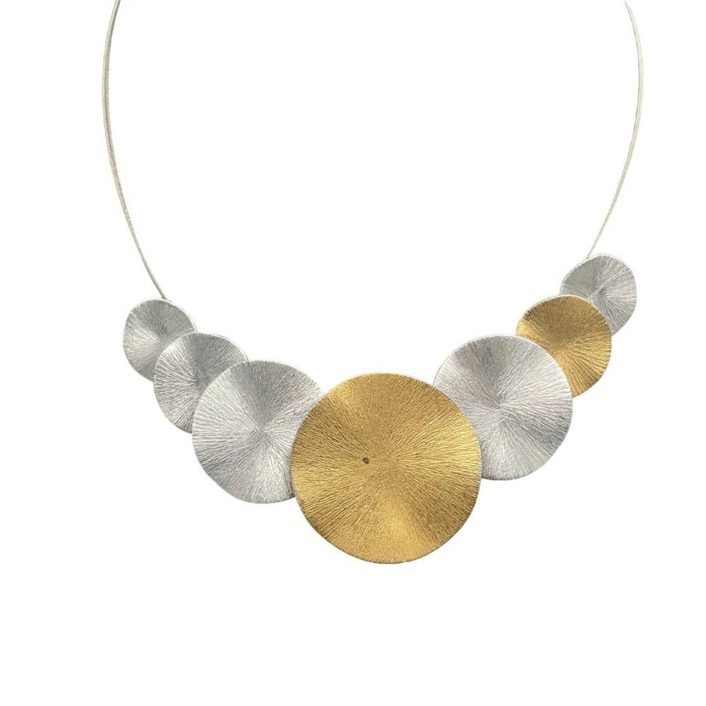 Mix Culture Textured Round Disc Collar Necklace Silver and Gold Tone 16 to 19in